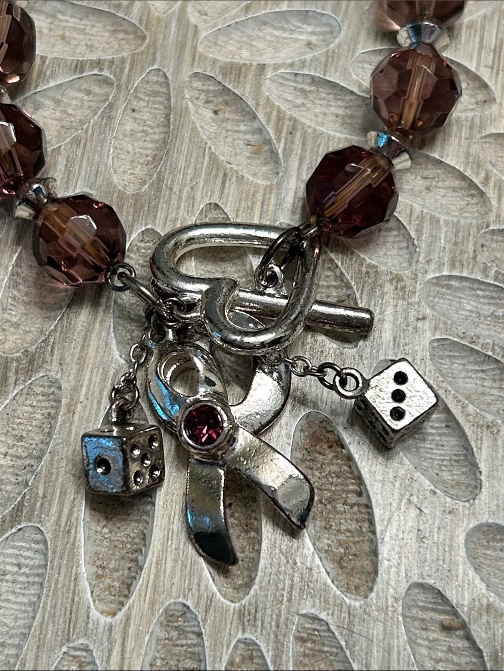 Purple Beaded Charm Bracelet with Ribbon and Dice Charms